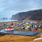 Beautiful Red Church and Vik village, Iceland.