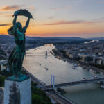 Aerial view Liberty Statue in Budapest during dusk