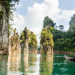 Travel island and green lake at Ratchaprapha Dam in Khao Sok National Park, Surat Thani Province, Thailand ( Guilin of Thailand )