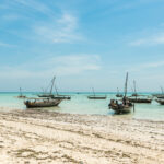 beautiful landscape with fishing boats on the shore, Zanzibar, Africa