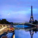 View of the Eiffel tower and Seine river at sunrise, Paris