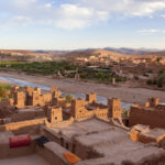 High angle view across rooftops of Ait Ben Haddou Ksar, Atlas Mountains, Morocco.