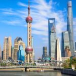 Shanghai skyline with historical Waibaidu bridge, China